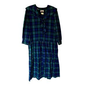 Vintage Lanz Drop Waist Black Watch Plaid Dress SZ14
